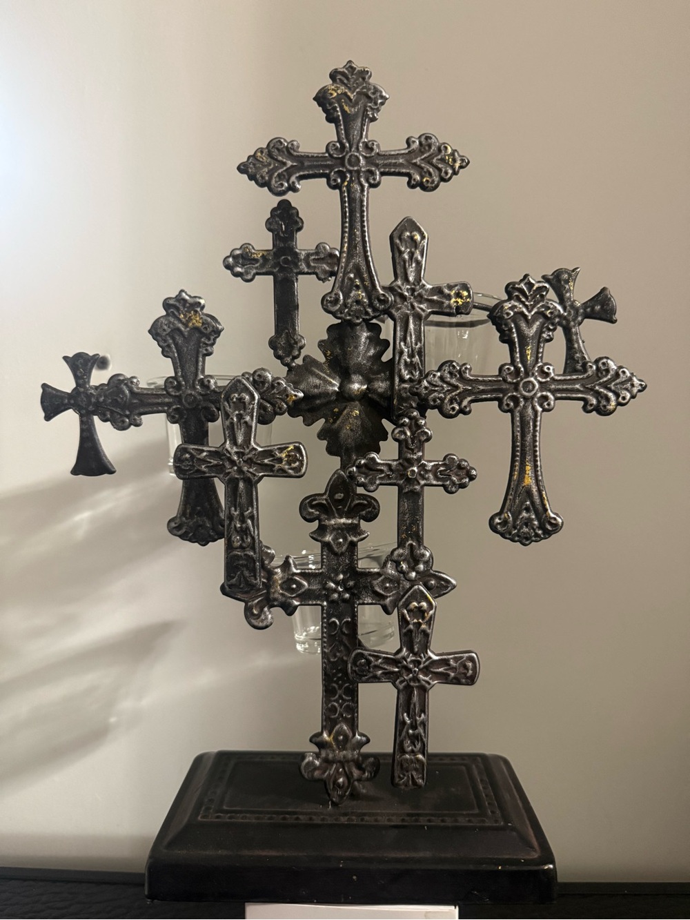 Vintage Cross Sculpture in Antique Silver Home Art Candle Holder.